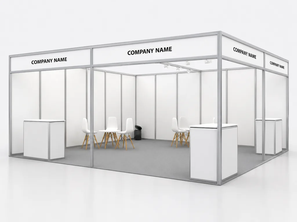 6x6 exhibition booth mockup with fascia and furniture